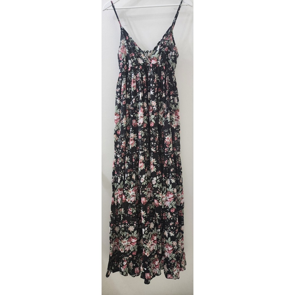 Lani‎ Black Floral Cotton Maxi Dress Tiered Boho Sun Dress Small RN 105098